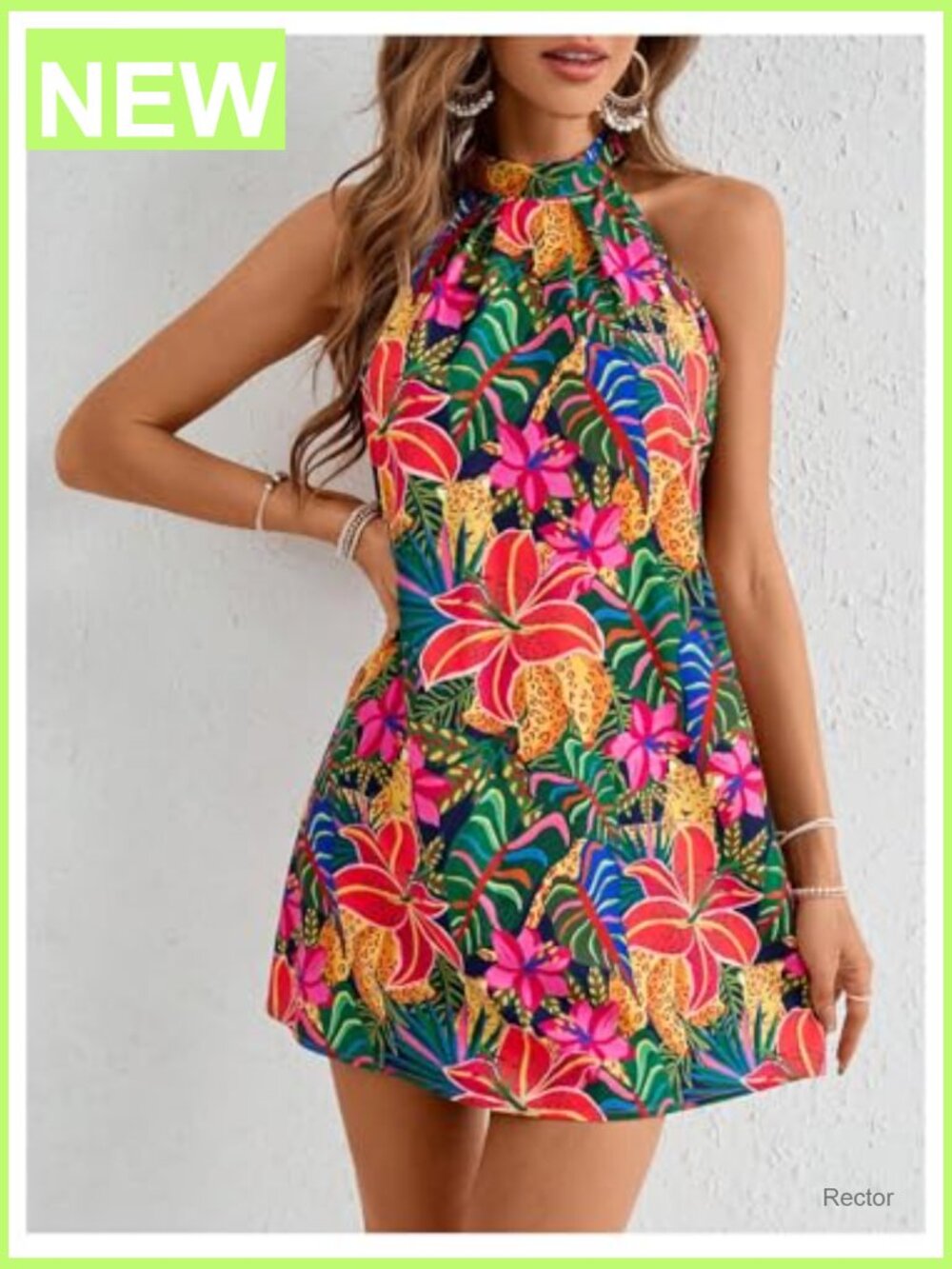 Sleeveless Floral Sundress Halter Neck A-Line Short Dress - Picture 4 of 5